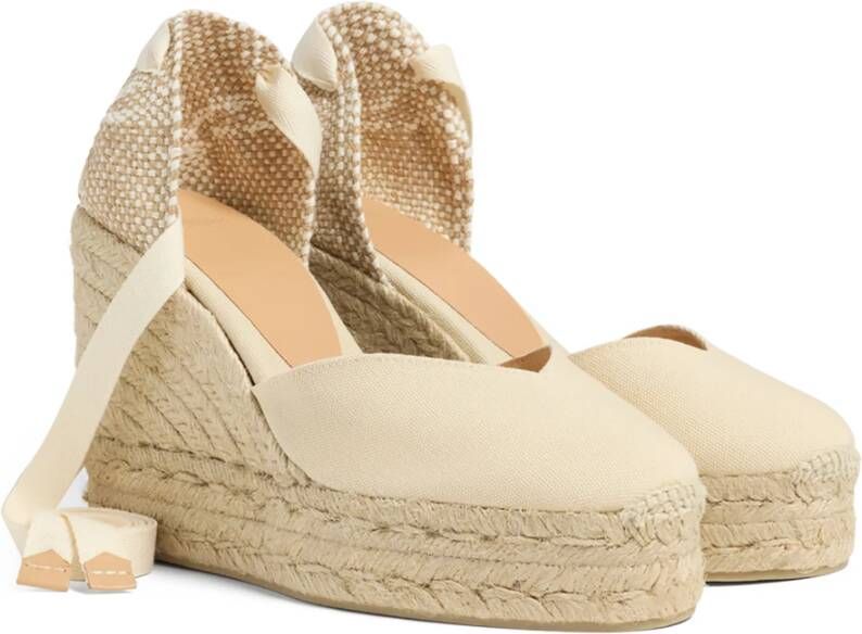 Castañer Chiara biologisch katoenen espadrilles met striksluiting en 11 cm sleehak met dubbele platform. Beige Dames