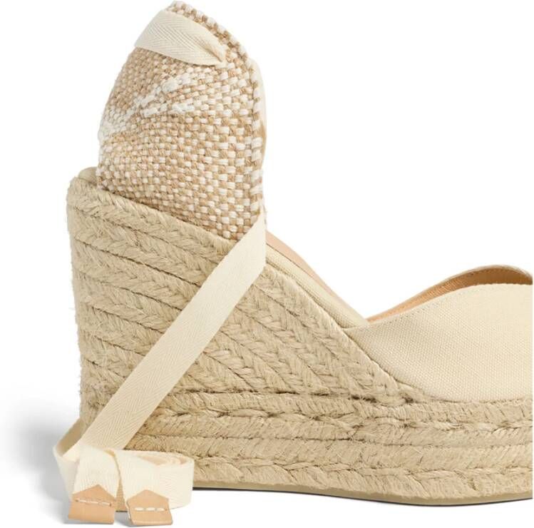 Castañer Chiara biologisch katoenen espadrilles met striksluiting en 11 cm sleehak met dubbele platform. Beige Dames