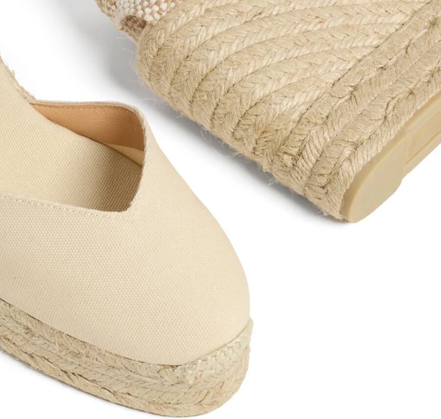 Castañer Chiara biologisch katoenen espadrilles met striksluiting en 11 cm sleehak met dubbele platform. Beige Dames