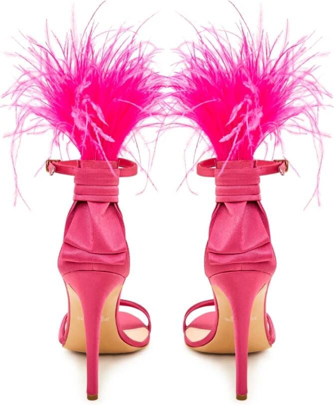 Cesare Gaspari Elegante Zwarte Gevederde Enkelband Luxe Hoge Hak Sandalen Fushia Pink Dames