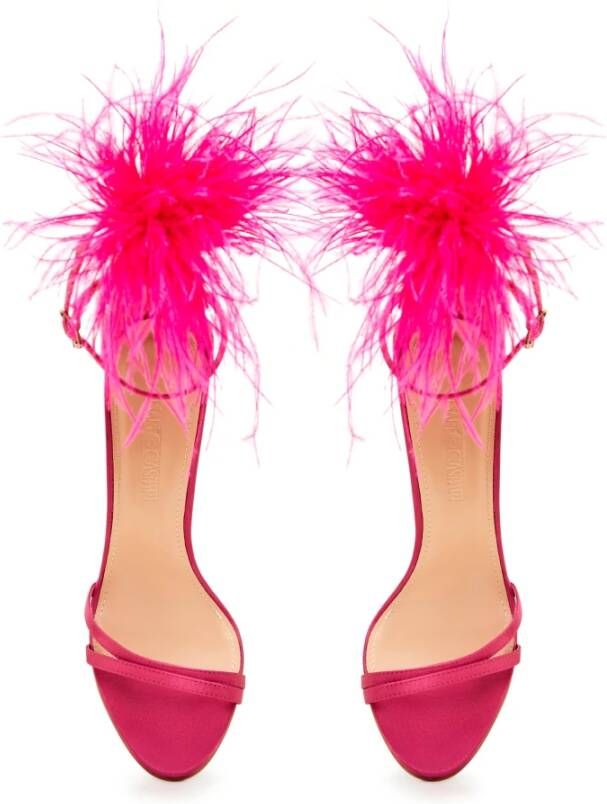Cesare Gaspari Elegante Zwarte Gevederde Enkelband Luxe Hoge Hak Sandalen Fushia Pink Dames