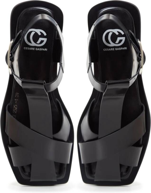 Cesare Gaspari Zwarte Enkelband Platte Zool Sandalen Black Dames