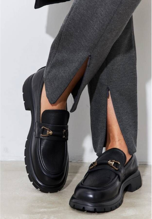 Cesare Gaspari Zwarte Leren Platform Loafers Black Dames