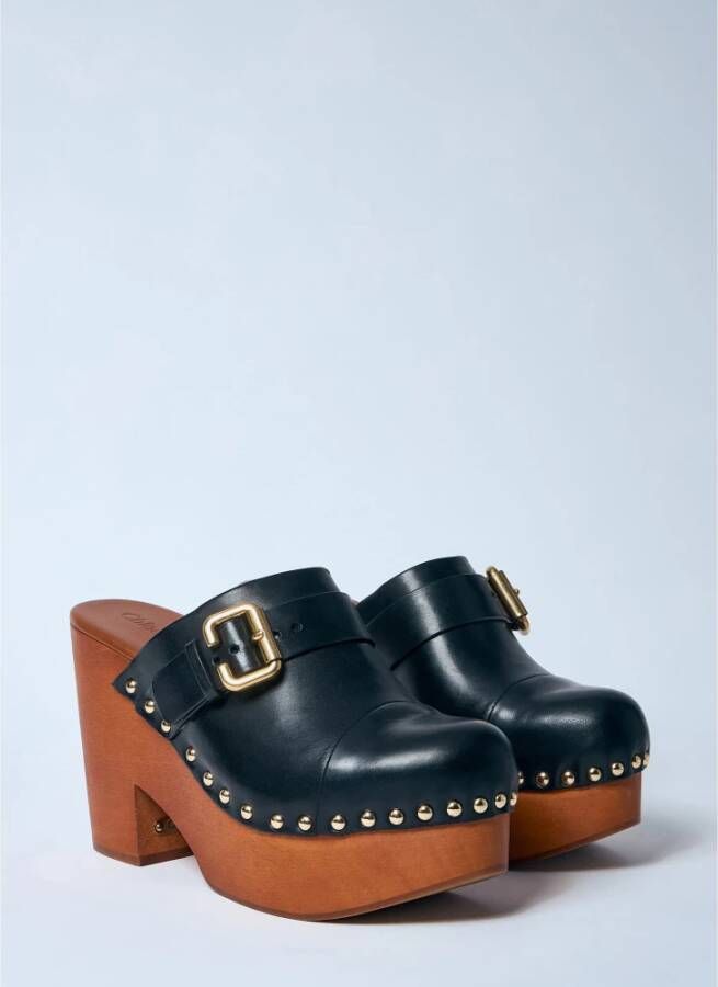 Chloé Leren sleehakken met houten zool Black Dames