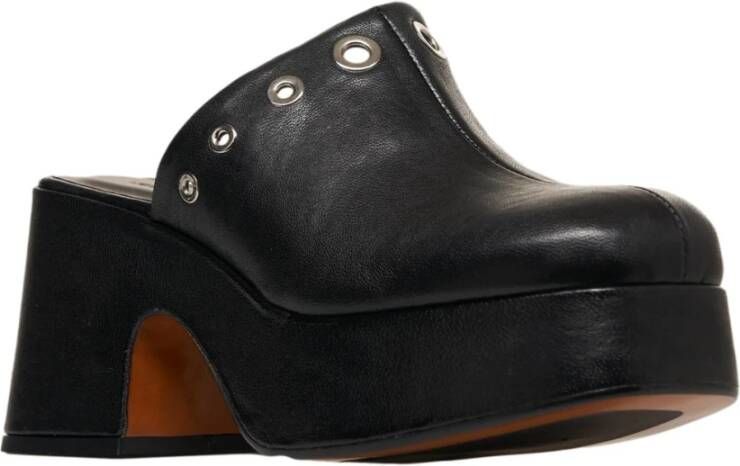 Curiosite Zwarte leren sabots Elegante blokhak Black Dames
