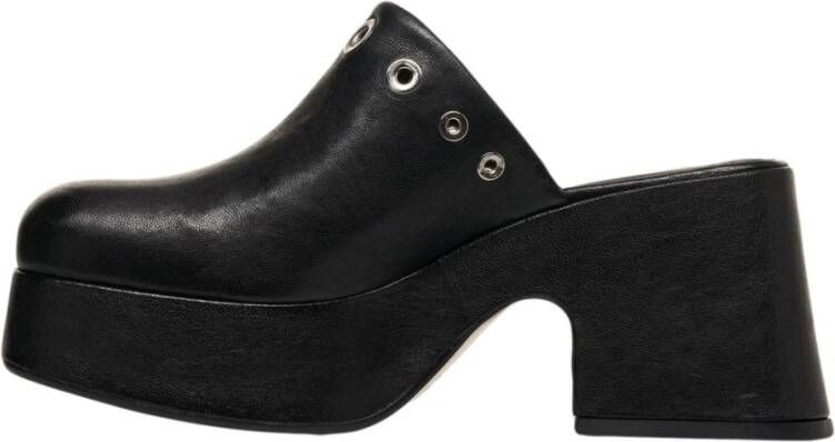 Curiosite Zwarte leren sabots Elegante blokhak Black Dames