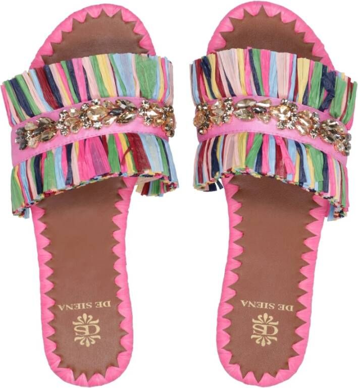 De Siena Raffia Leren Sandalen met Franjes Multicolor Dames