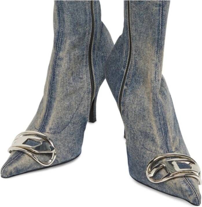 Diesel Blauwe Denim Kniehoge Laarzen met Gebeeldhouwde Hak