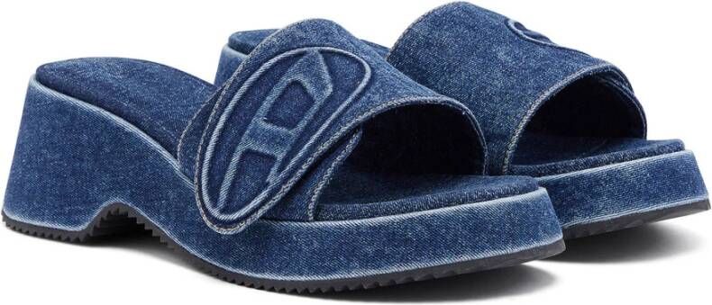 Diesel Sa-Oval D Pf W Denim slide sandals with Oval D strap Blue Dames