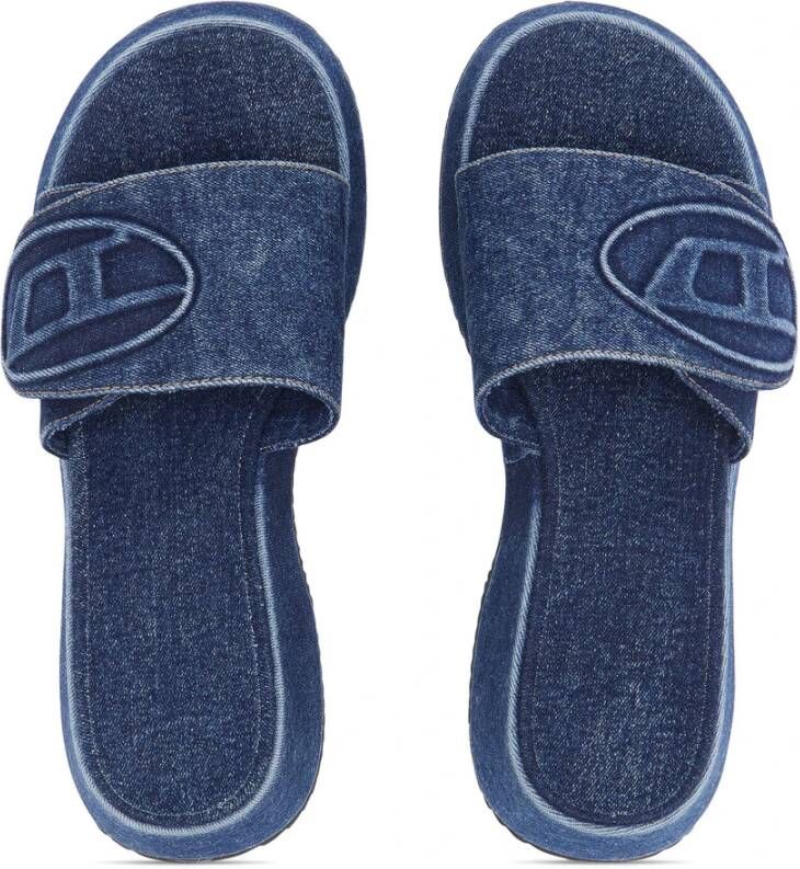 Diesel Sa-Oval D Pf W Denim slide sandals with Oval D strap Blue Dames