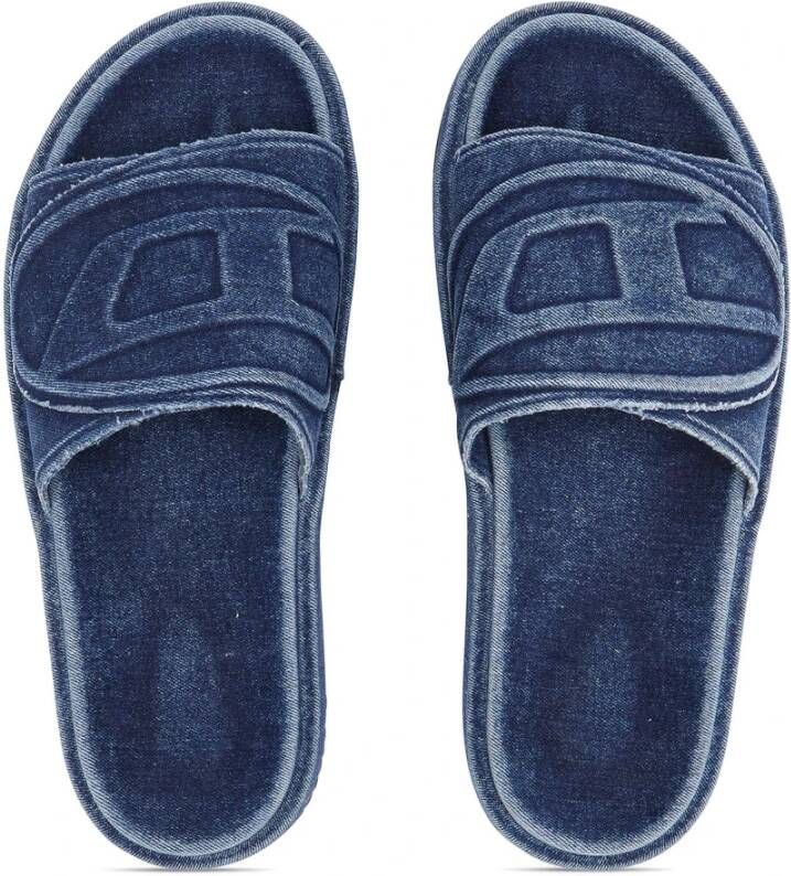 Diesel Sa-Slide D Oval Denim slides with embossed strap Blue Heren