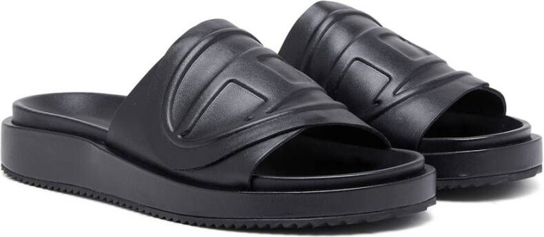 Diesel Sa-Slide D Oval PU slides with embossed Oval D Black Unisex