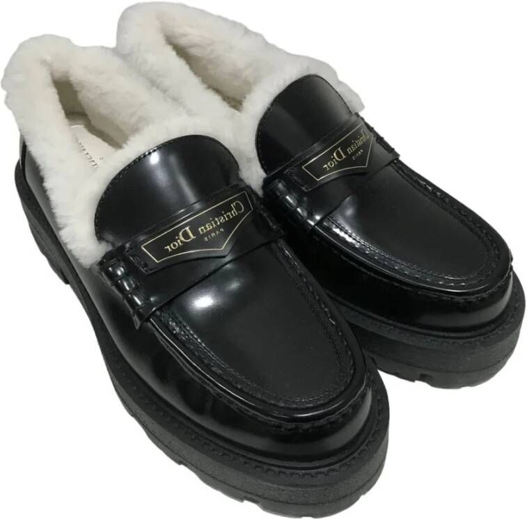 Dior Leren Logo Loafers Shearling Binnenzool Black Dames