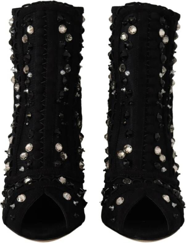 Dolce & Gabbana Black Crystals Heels Zipper Short Boots Shoes Zwart Dames