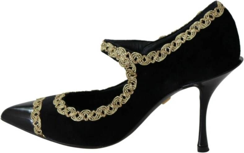 Dolce & Gabbana Black Embellished Velvet Mary Jane Pumps Shoes Zwart Dames