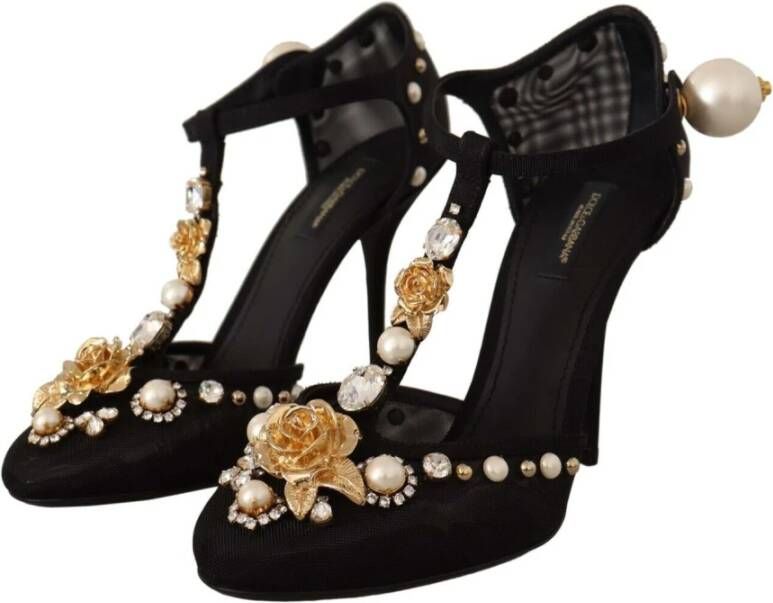 Dolce & Gabbana Black Faux Pearl Crystal Vally Heels Sandals Shoes Zwart Dames