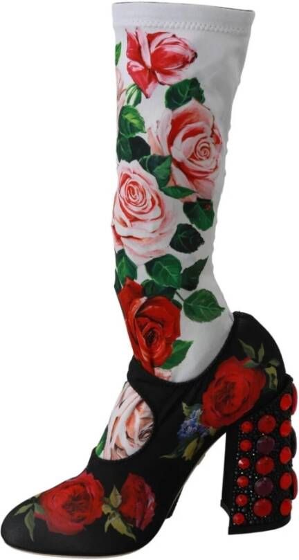 Dolce & Gabbana Black Floral Socks Crystal Jersey Boots Shoes Meerkleurig Dames