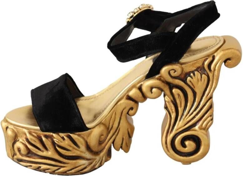 Dolce & Gabbana Black Gold Baroque Velvet Heels Crystal Shoes Zwart Dames