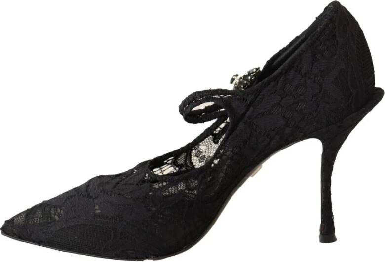 Dolce & Gabbana Black Lace Crystals Heels Mary Jane Pumps Shoes Zwart Dames