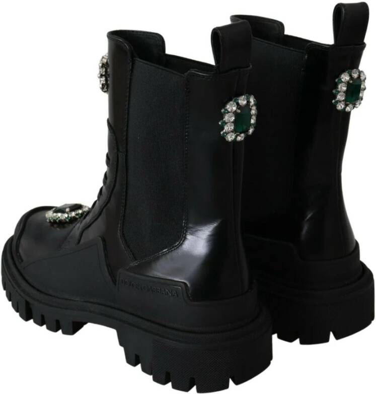 Dolce & Gabbana Black Leather Crystal Combat Boots Zwart Dames