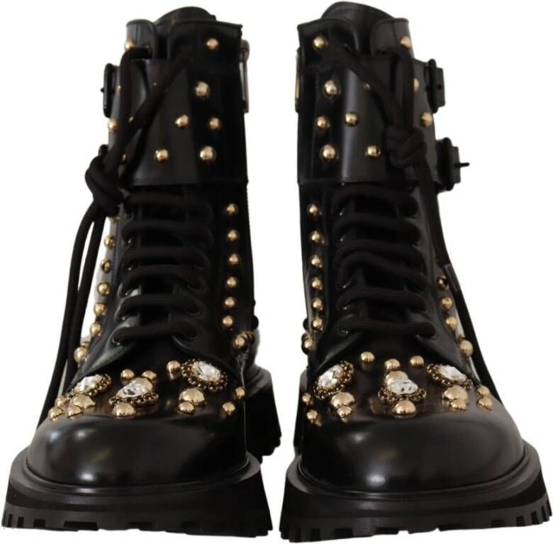 Dolce & Gabbana Black Leather Crystal Embellished Boots Shoes Zwart Dames