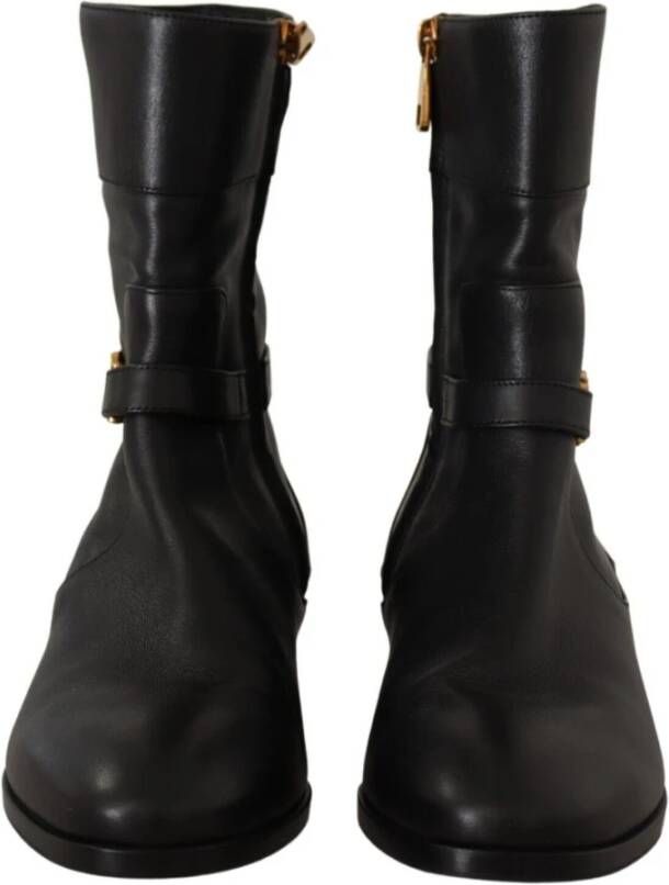 Dolce & Gabbana Black Leather Flats Logo Short Boots Shoes Zwart Dames