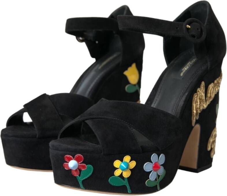 Dolce & Gabbana Bloemen geborduurde platform sandalen Black Dames