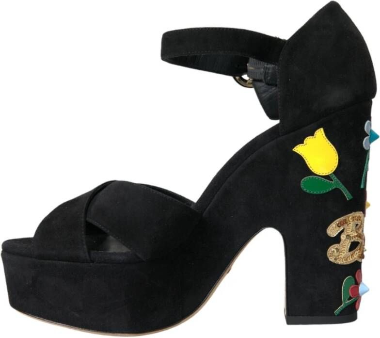 Dolce & Gabbana Bloemen geborduurde platform sandalen Black Dames