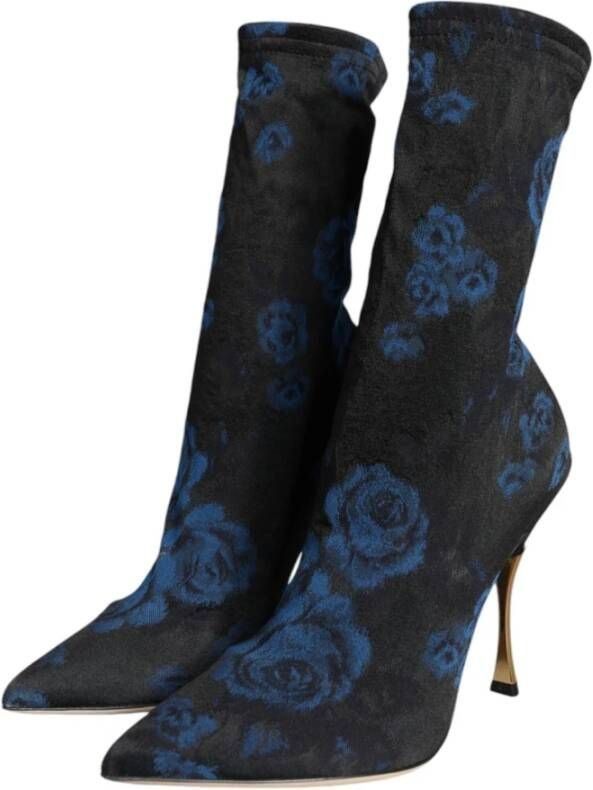 Dolce & Gabbana Bloemenprint Stiletto Mid Calf Laarzen Blue Dames