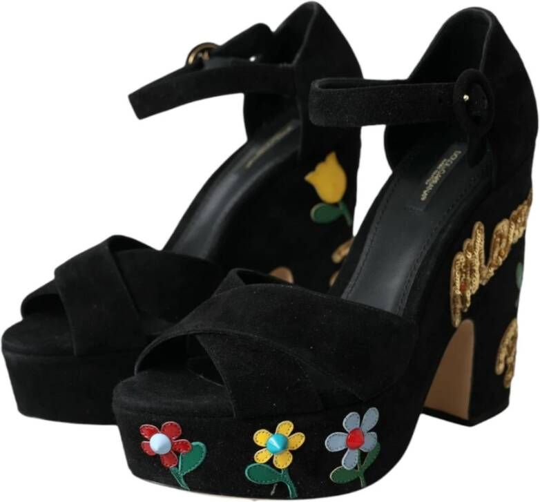 Dolce & Gabbana Bloemversierde Plateau Sandalen Black Dames