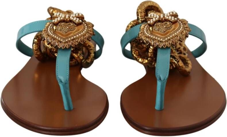 Dolce & Gabbana Blue Leather Devotion Flats Sandals Blauw Dames