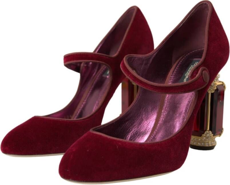 Dolce & Gabbana Bordeaux Goud Fluweel Mary Jane Hakken Red Dames