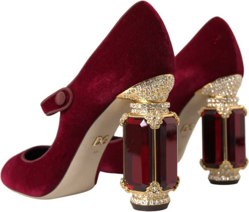 Dolce & Gabbana Bordeaux Goud Fluweel Mary Jane Hakken Red Dames
