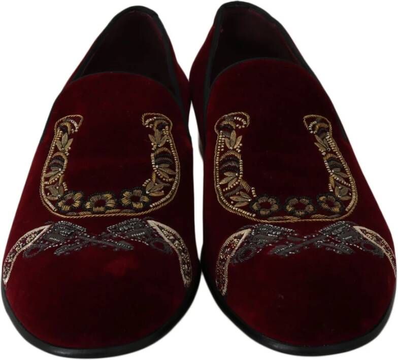 Dolce & Gabbana Bordeaux Velvet Gun Horseshoe Loafers Red Dames