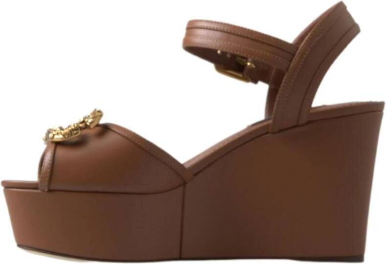 Dolce & Gabbana Bruine leren sleehak sandalen met Amore-logo Brown Dames