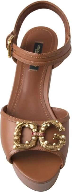 Dolce & Gabbana Bruine leren sleehak sandalen met Amore-logo Brown Dames