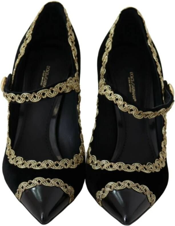 Dolce & Gabbana Elegante Zwarte Fluwelen Gouden Geborduurde Pumps Black Dames