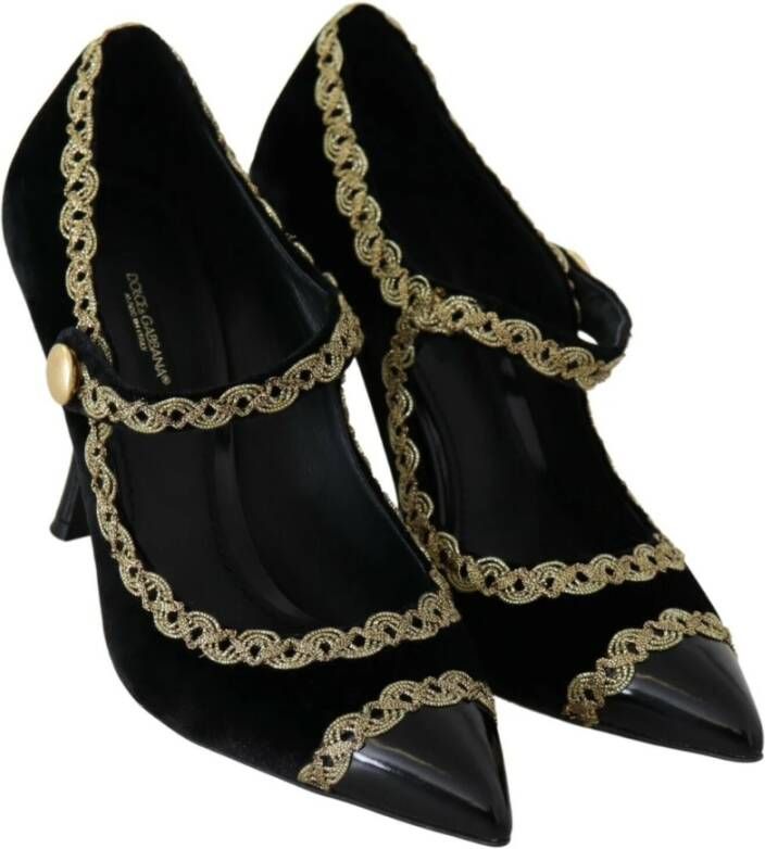 Dolce & Gabbana Elegante Zwarte Fluwelen Gouden Geborduurde Pumps Black Dames