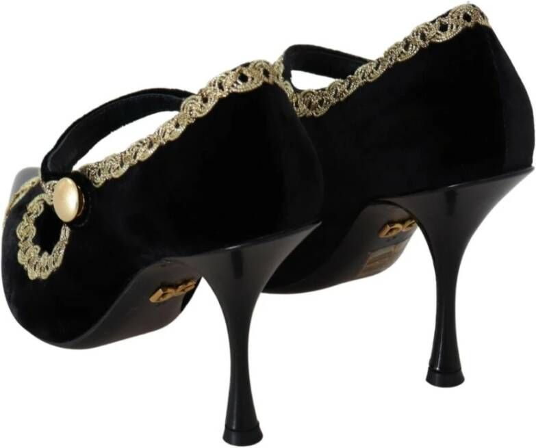 Dolce & Gabbana Elegante Zwarte Fluwelen Gouden Geborduurde Pumps Black Dames