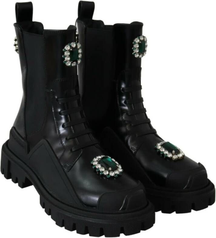 Dolce & Gabbana Elegante Zwarte Leren Gevechtslaarzen met Kristaldetail Black Dames