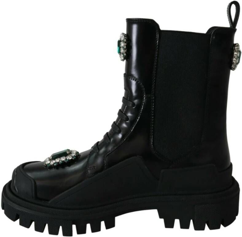 Dolce & Gabbana Elegante Zwarte Leren Gevechtslaarzen met Kristaldetail Black Dames