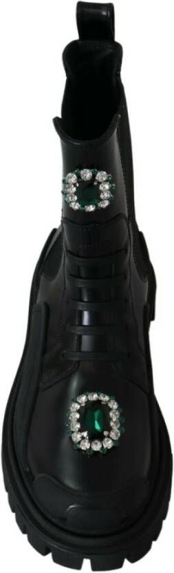Dolce & Gabbana Elegante Zwarte Leren Gevechtslaarzen met Kristaldetail Black Dames
