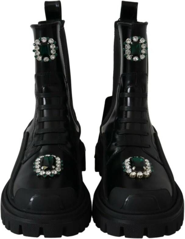Dolce & Gabbana Elegante Zwarte Leren Gevechtslaarzen met Kristaldetail Black Dames