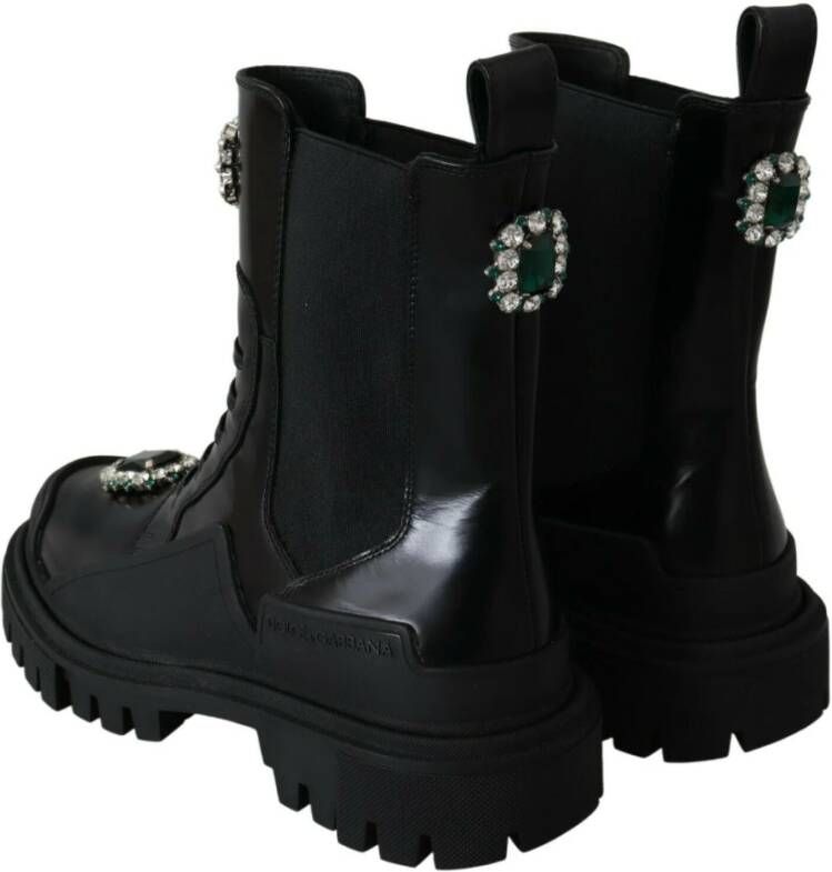 Dolce & Gabbana Elegante Zwarte Leren Gevechtslaarzen met Kristaldetail Black Dames