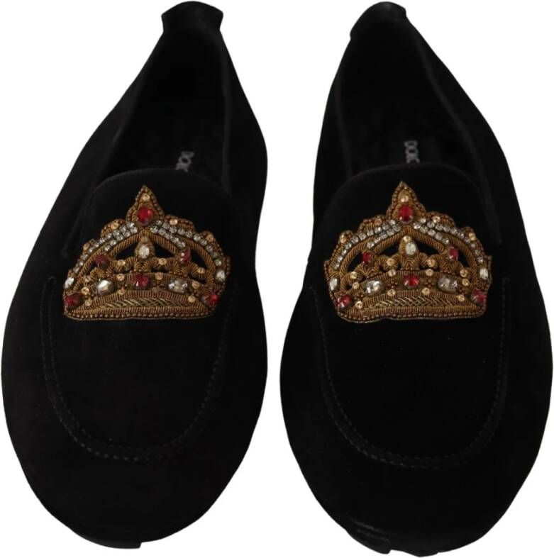 Dolce & Gabbana Elegante Zwarte Leren Loafer Slides met Gouden Borduursel Black Heren