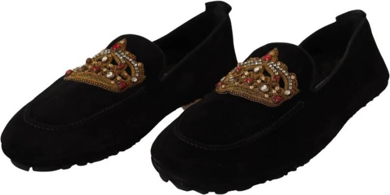 Dolce & Gabbana Elegante Zwarte Leren Loafer Slides met Gouden Borduursel Black Heren