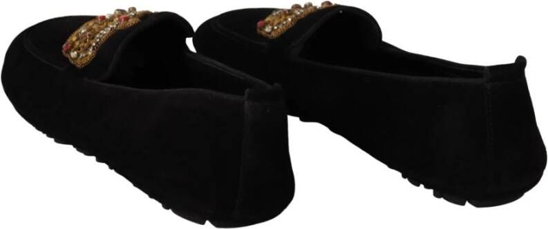 Dolce & Gabbana Elegante Zwarte Leren Loafer Slides met Gouden Borduursel Black Heren