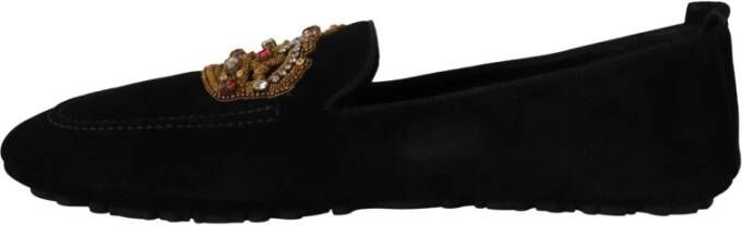 Dolce & Gabbana Elegante Zwarte Leren Loafer Slides met Gouden Borduursel Black Heren