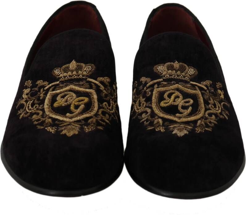 Dolce & Gabbana Elegante zwarte loafers met gouden kroonborduursel Black Heren