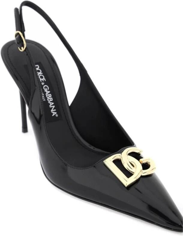 Dolce & Gabbana Glanzende Leren Slingback Pumps met Gouden Metalen Monogram Black Dames
